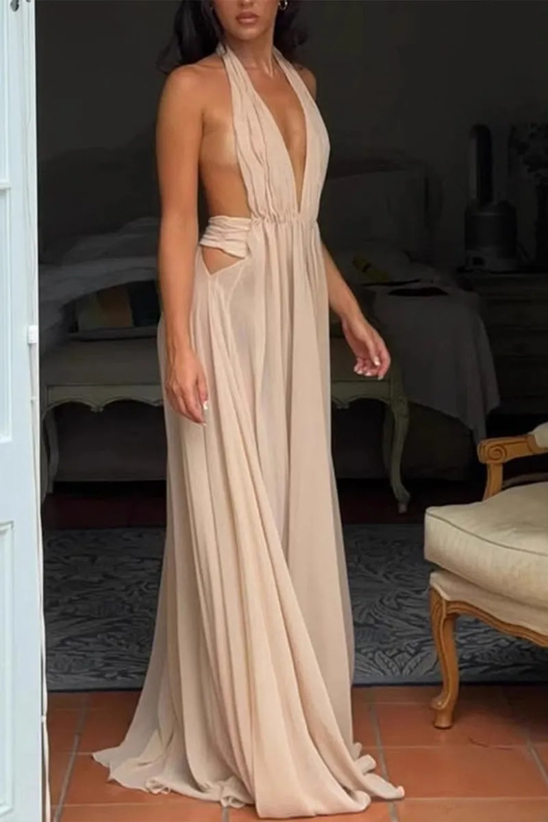HBZ1258 Pleated Halter Neck Maxi Dress