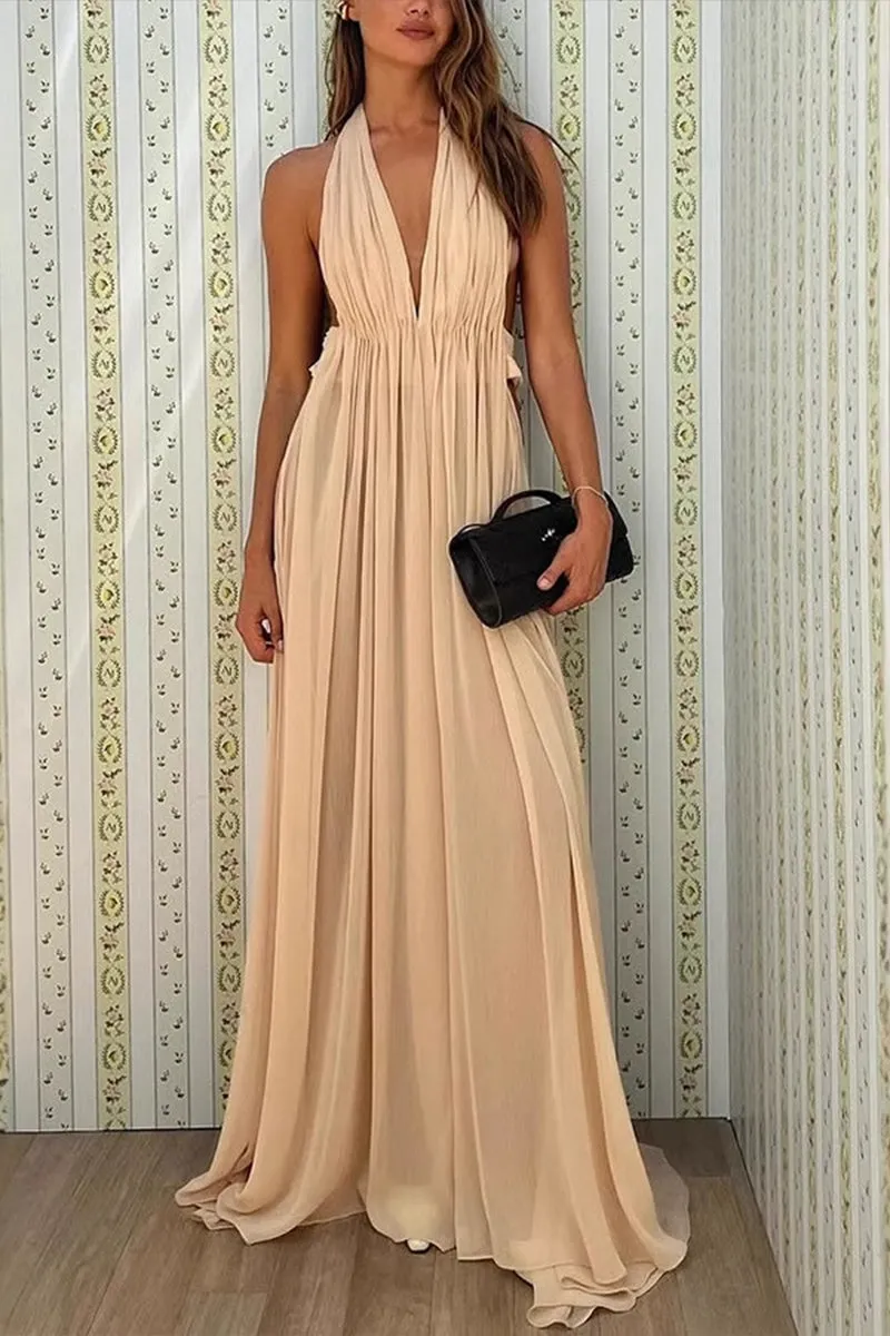 HBZ1258 Pleated Halter Neck Maxi Dress