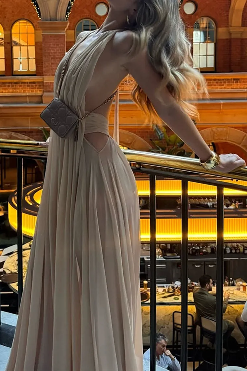 HBZ1258 Pleated Halter Neck Maxi Dress
