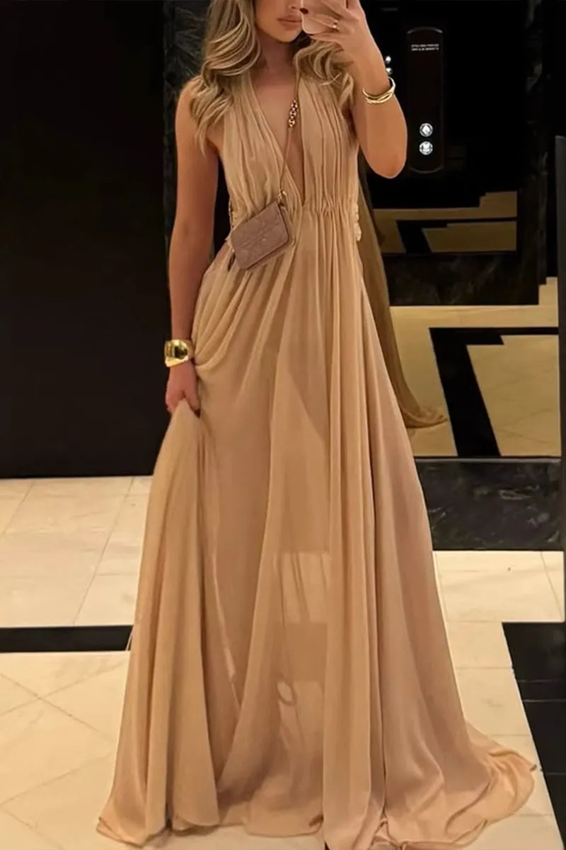 HBZ1258 Pleated Halter Neck Maxi Dress