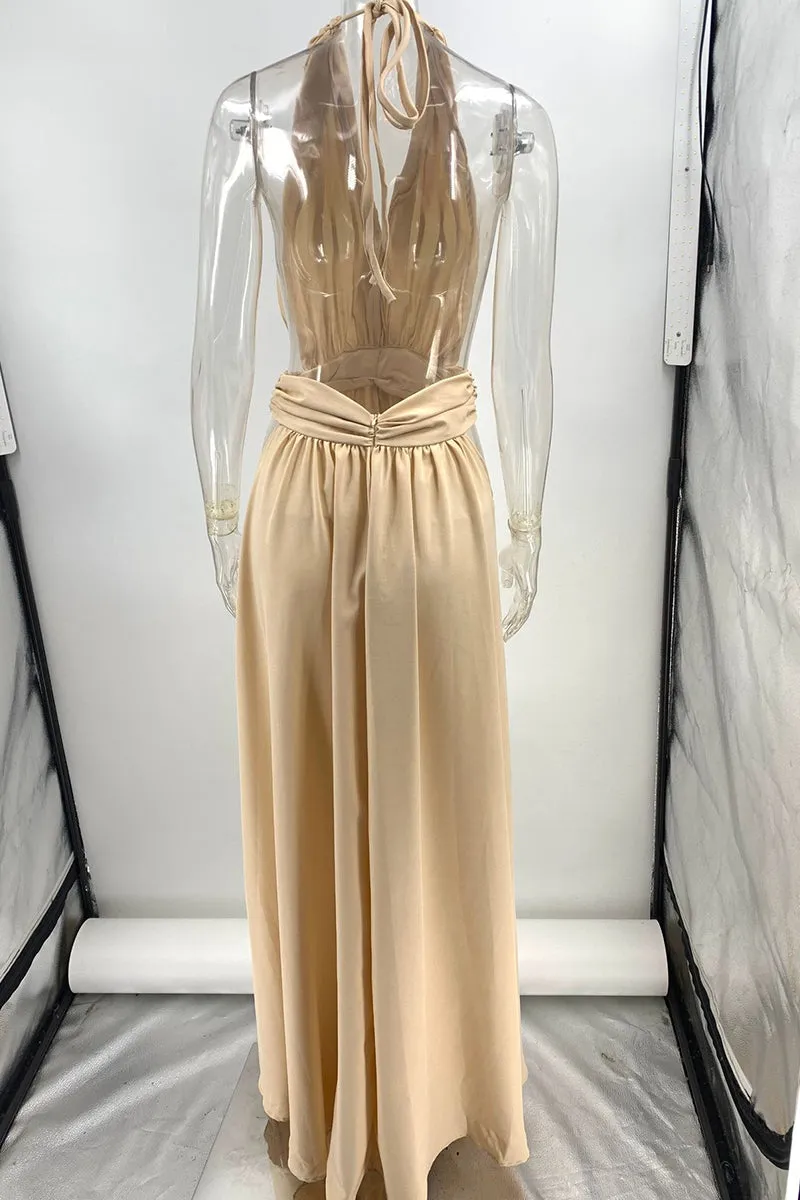 HBZ1258 Pleated Halter Neck Maxi Dress