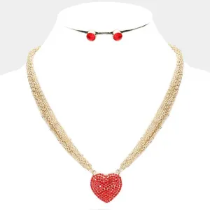 Heart Red Rhinestone Embellished Gold Necklace Set
