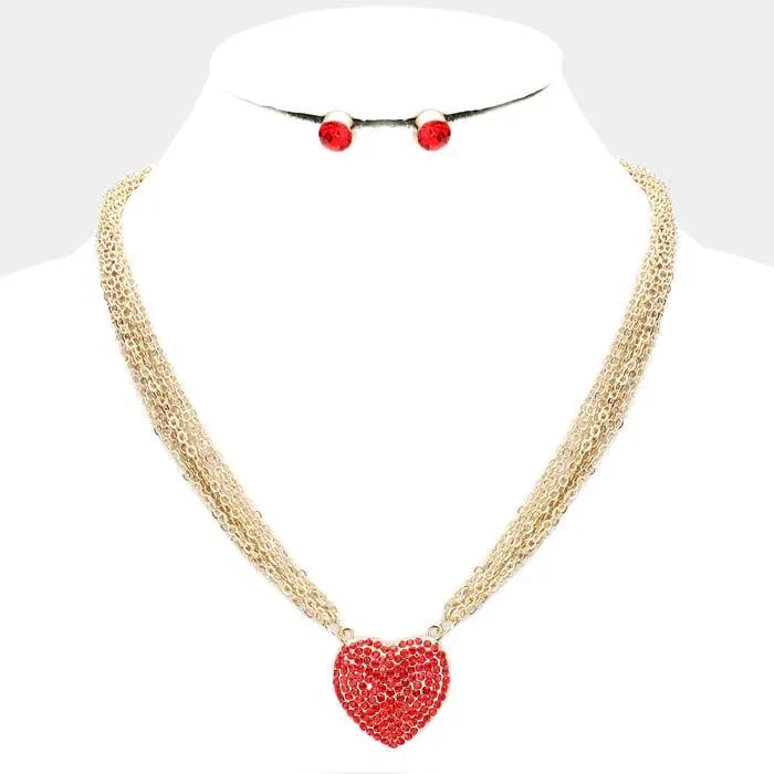Heart Red Rhinestone Embellished Gold Necklace Set