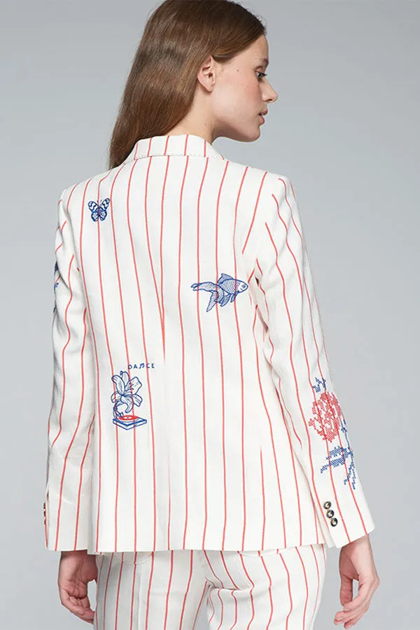 HEATHER EMBROIDERED RED PINSTRIPE LINEN BLAZER