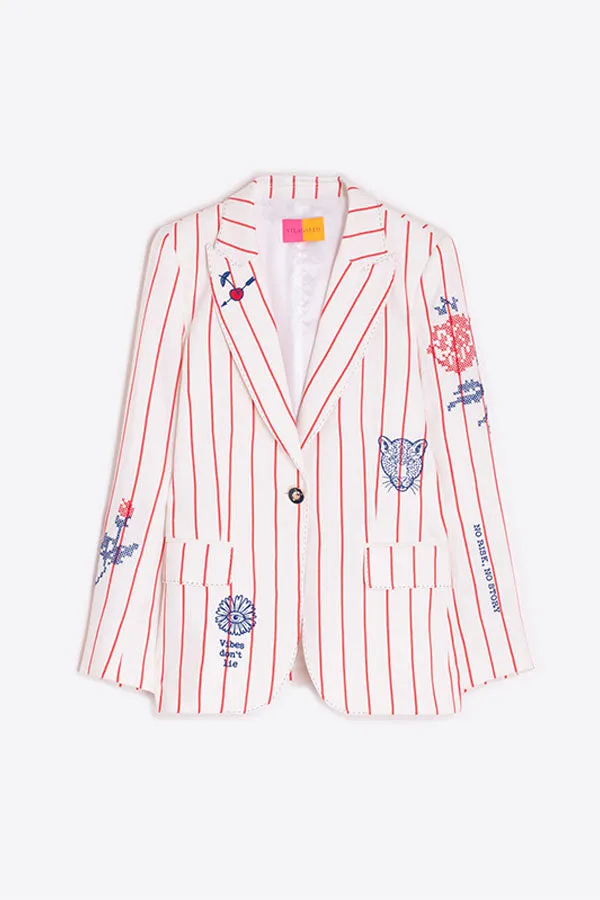 HEATHER EMBROIDERED RED PINSTRIPE LINEN BLAZER