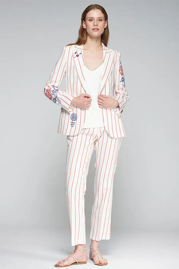 HEATHER EMBROIDERED RED PINSTRIPE LINEN BLAZER