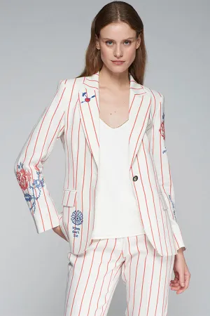 HEATHER EMBROIDERED RED PINSTRIPE LINEN BLAZER