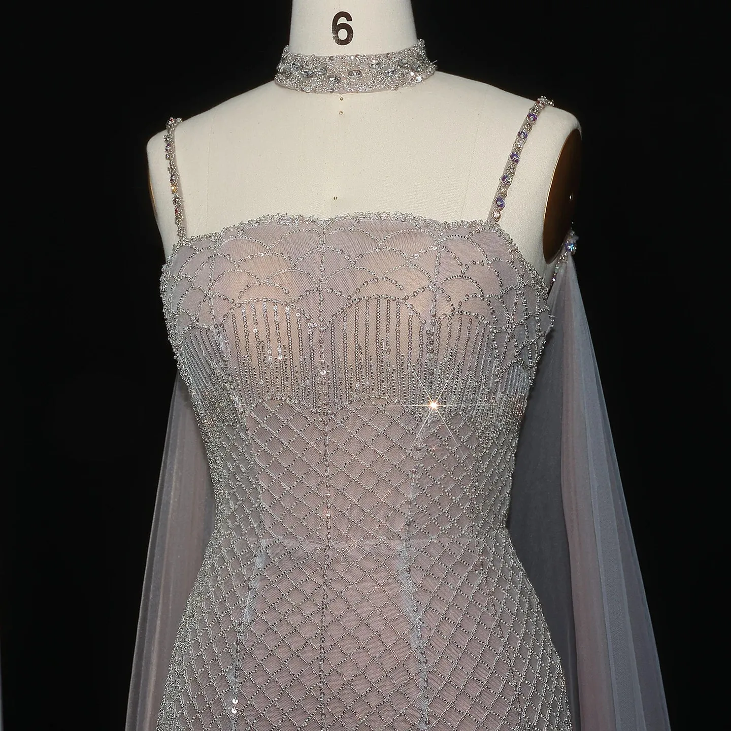 HELEN Luxury Beaded Lotus Pink Evening Gown with Sheer Cape Choker