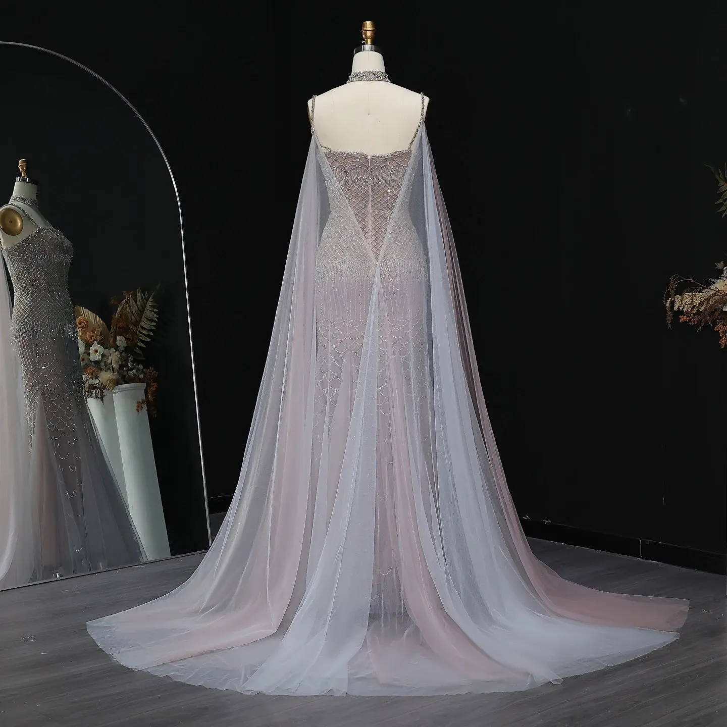HELEN Luxury Beaded Lotus Pink Evening Gown with Sheer Cape Choker