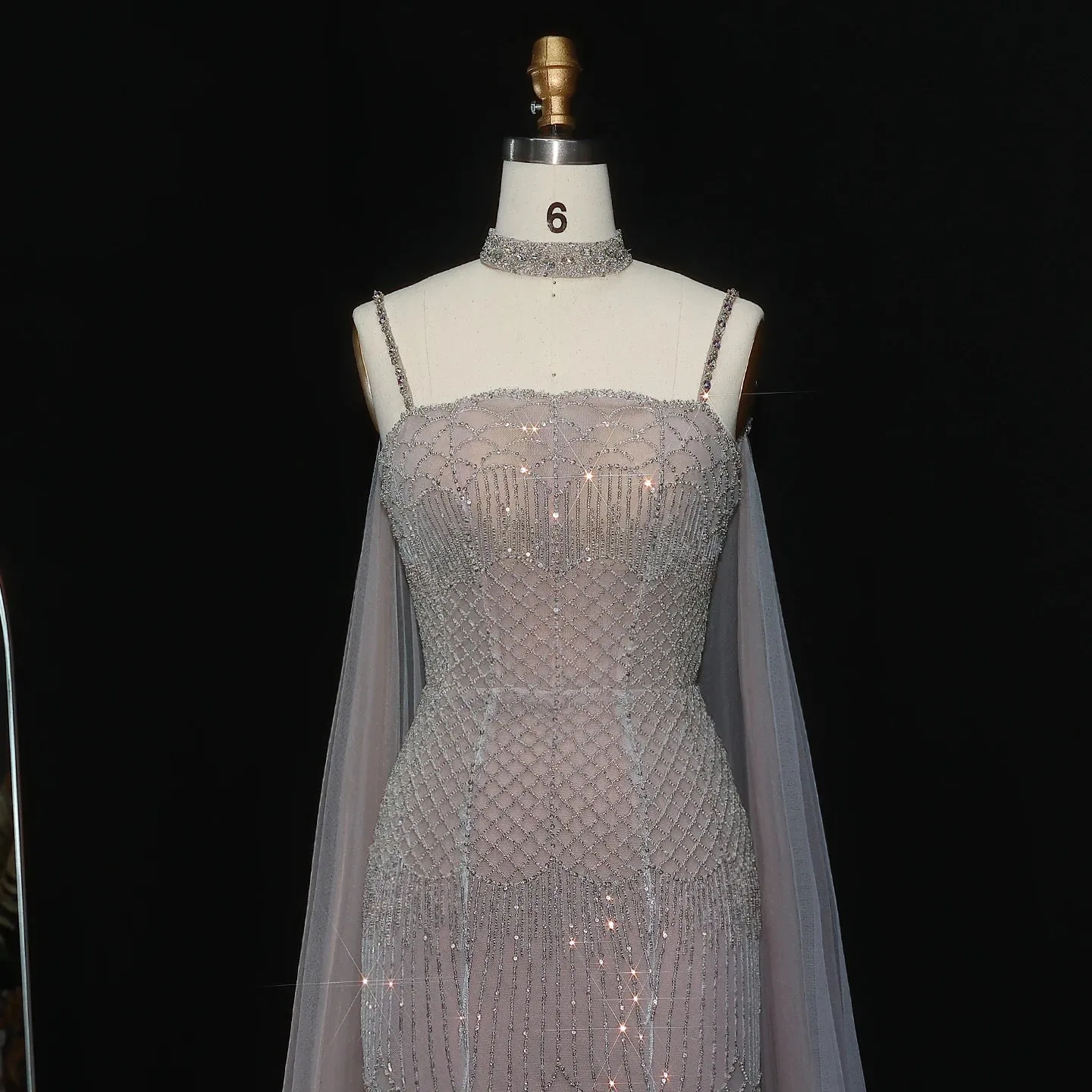HELEN Luxury Beaded Lotus Pink Evening Gown with Sheer Cape Choker