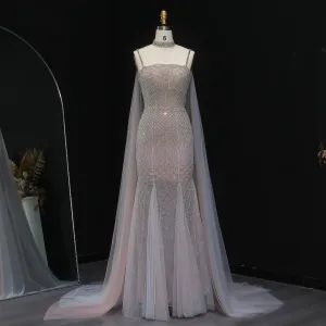 HELEN Luxury Beaded Lotus Pink Evening Gown with Sheer Cape Choker