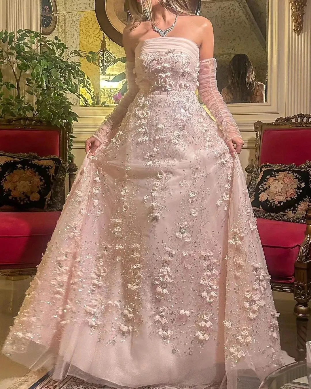 HELEN Luxury Blush Pink 3D Flowers Strapless Evening Dress