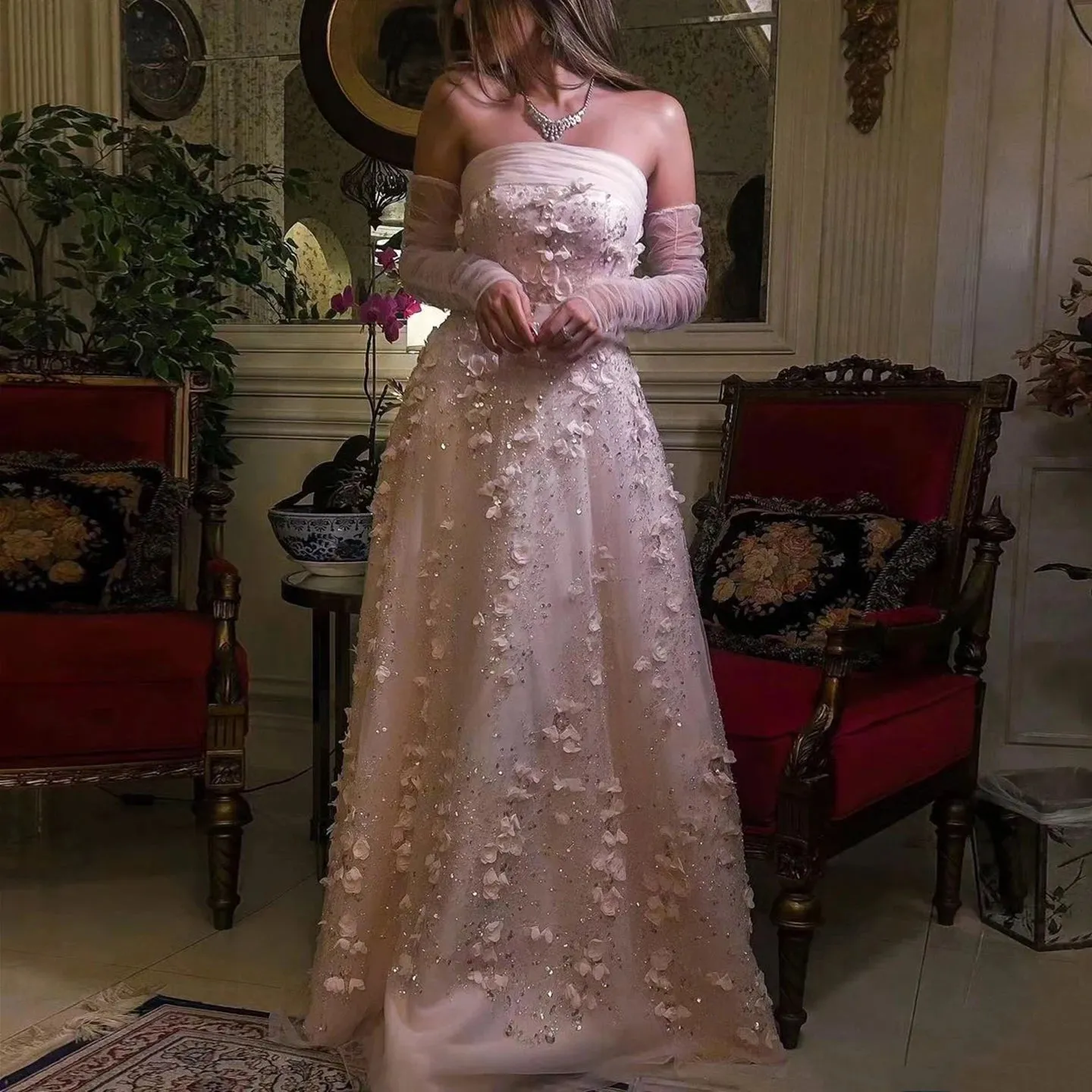 HELEN Luxury Blush Pink 3D Flowers Strapless Evening Dress