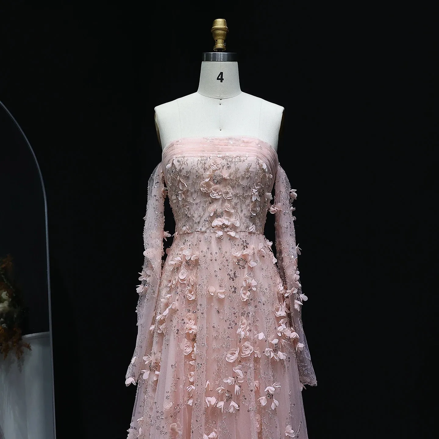 HELEN Luxury Blush Pink 3D Flowers Strapless Evening Dress