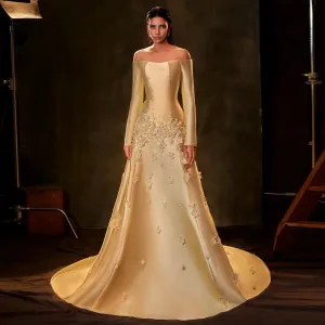 HELEN Luxury Off Shoulder Satin Yellow Long Sleeves Evening Dress