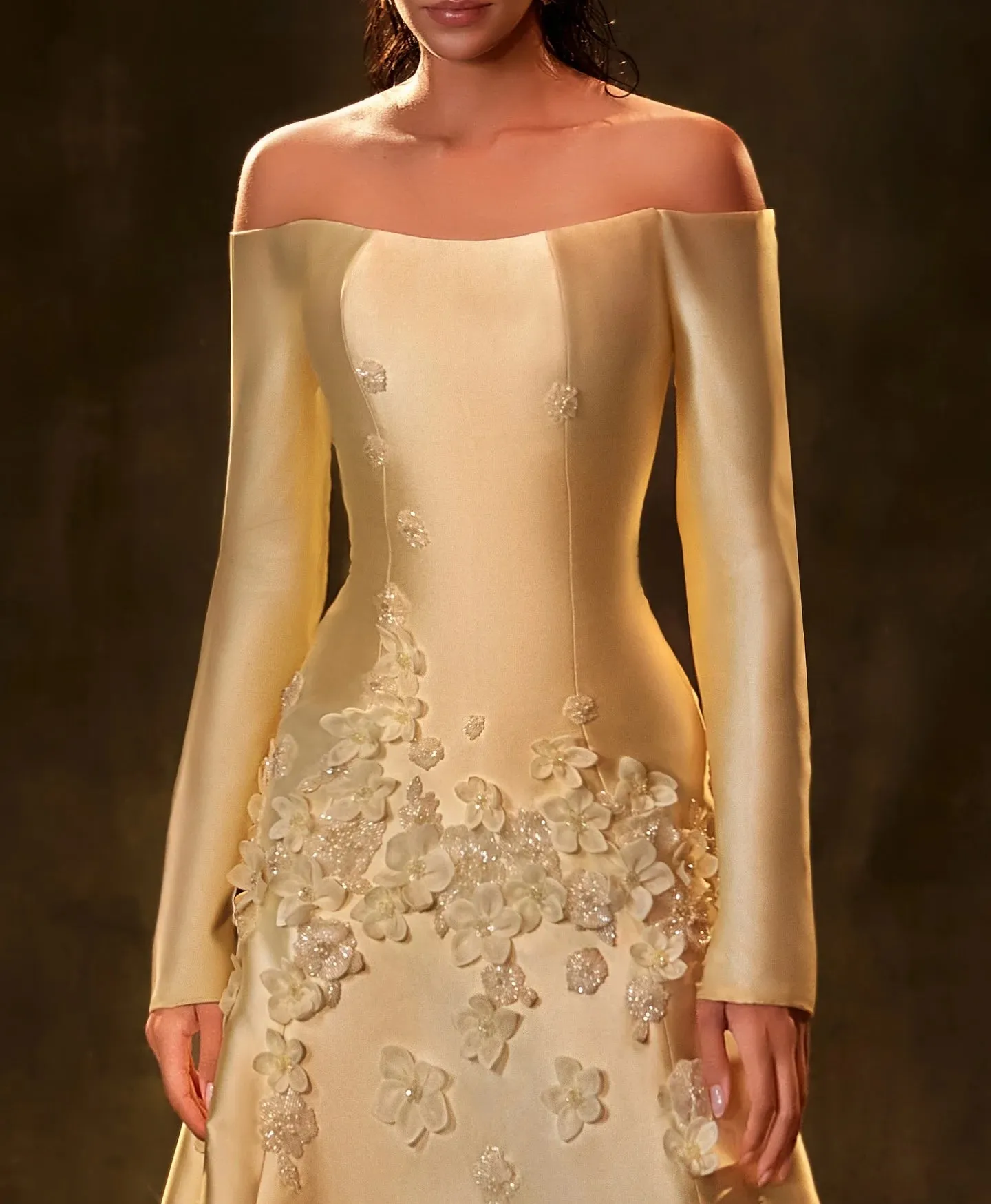 HELEN Luxury Off Shoulder Satin Yellow Long Sleeves Evening Dress
