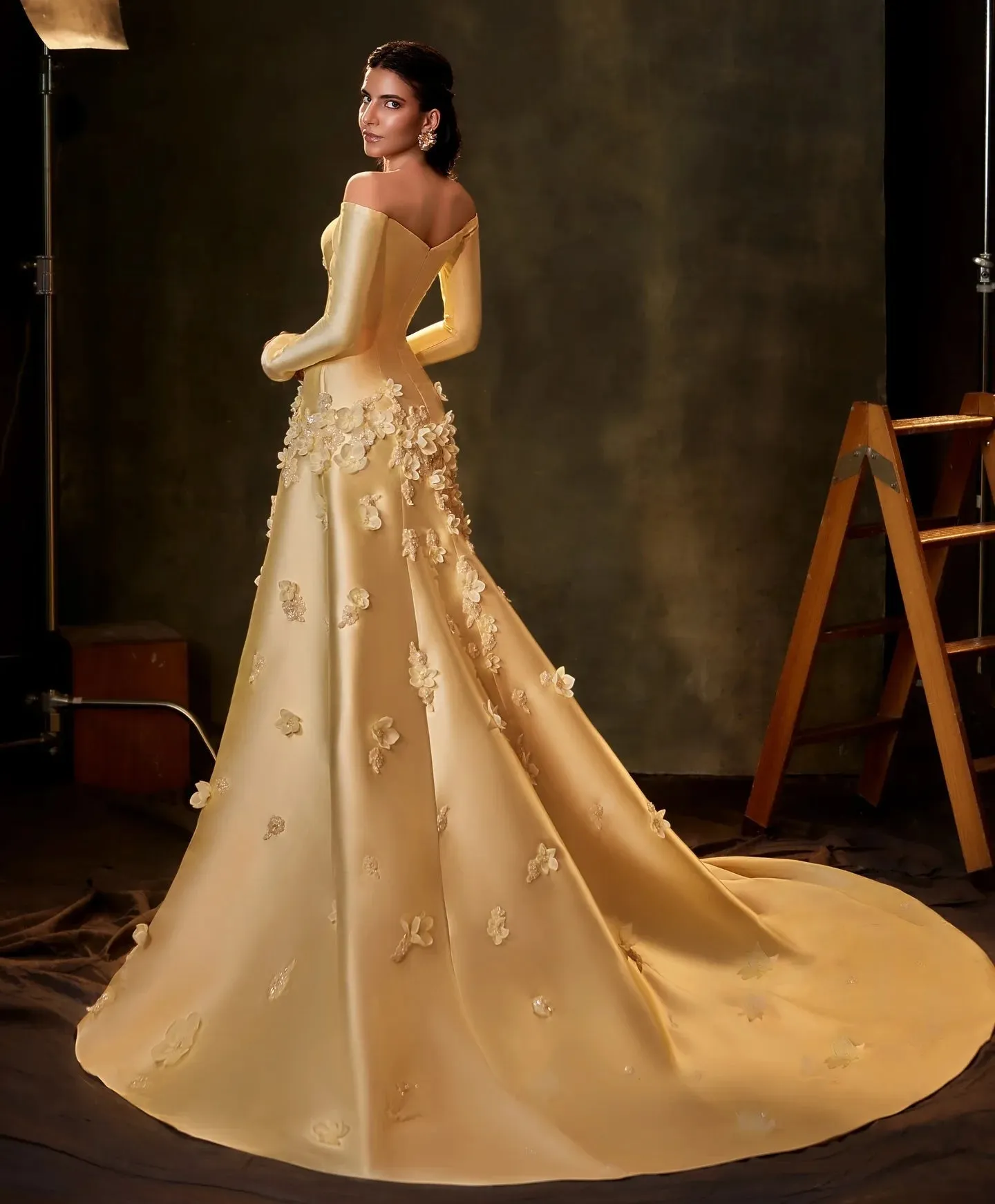 HELEN Luxury Off Shoulder Satin Yellow Long Sleeves Evening Dress