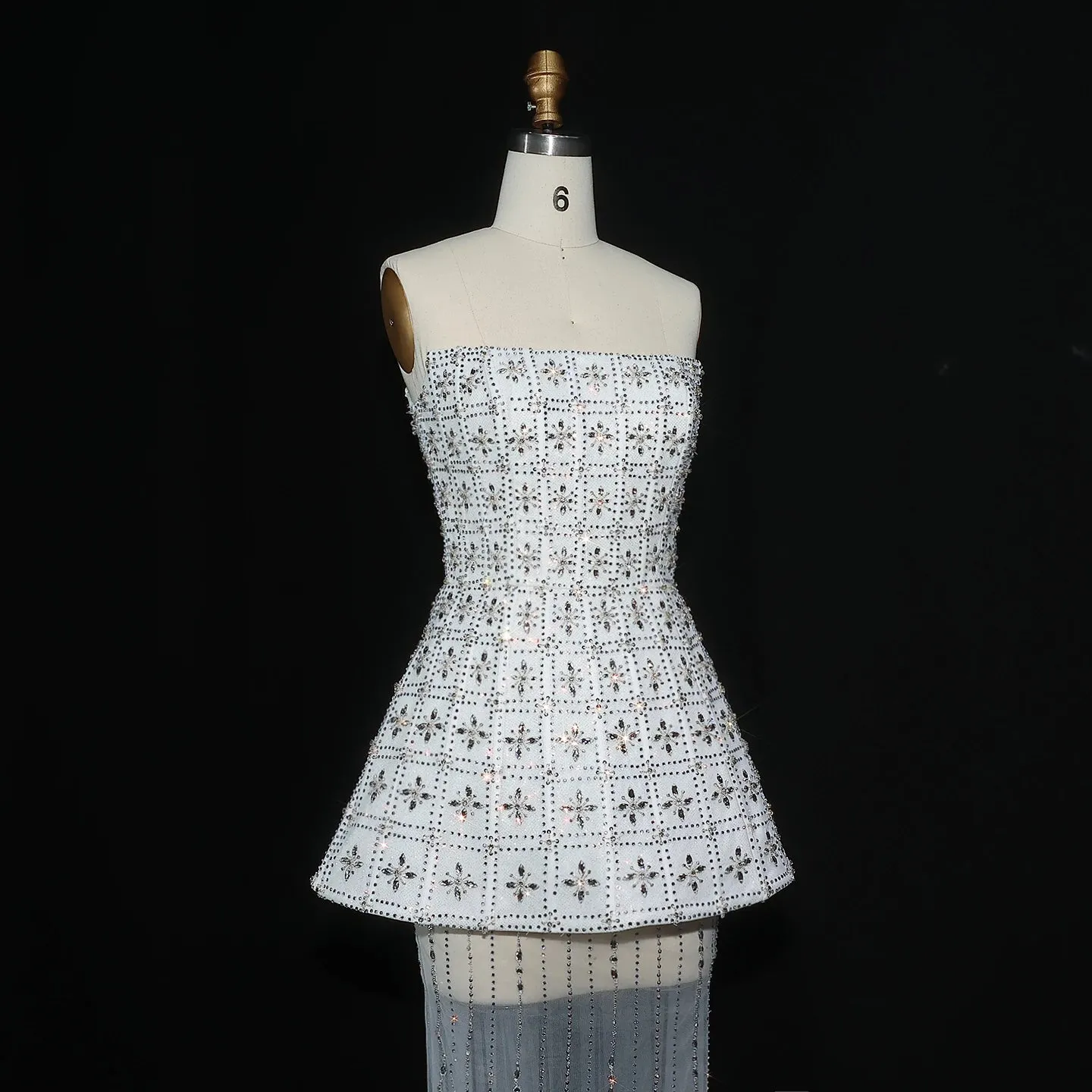 HELEN Luxury Stunning Strapless Crystal White Evening Gown with Flowing Cape