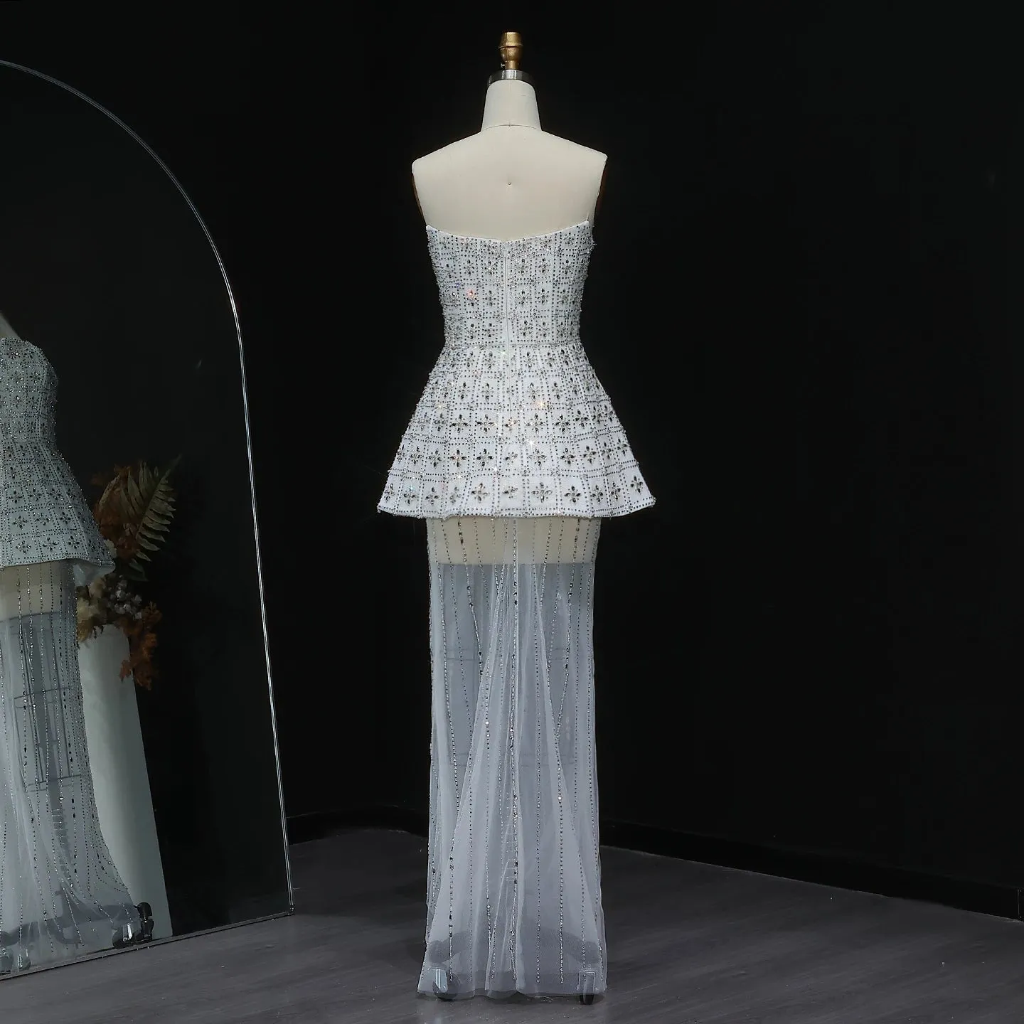 HELEN Luxury Stunning Strapless Crystal White Evening Gown with Flowing Cape