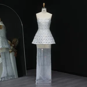 HELEN Luxury Stunning Strapless Crystal White Evening Gown with Flowing Cape