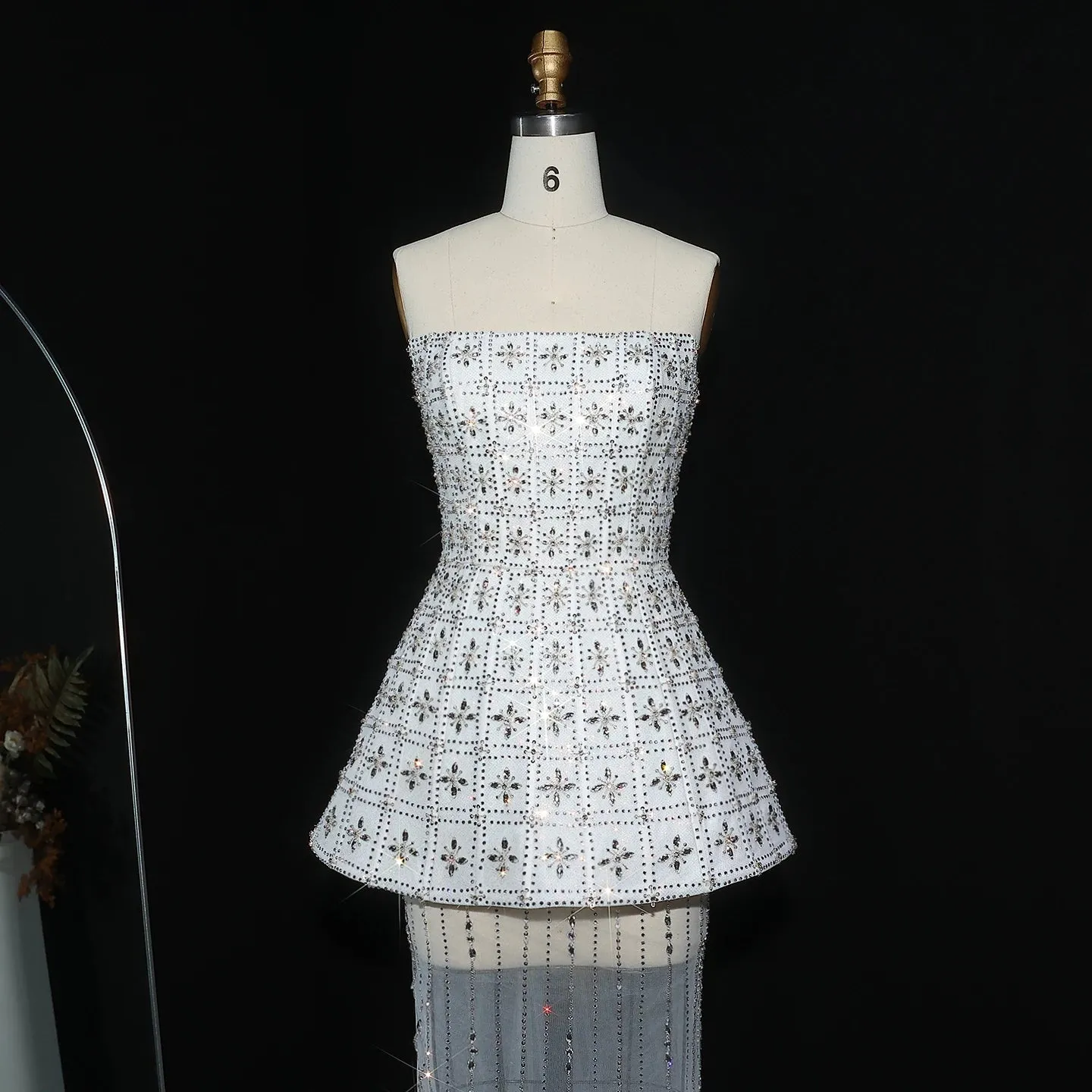 HELEN Luxury Stunning Strapless Crystal White Evening Gown with Flowing Cape