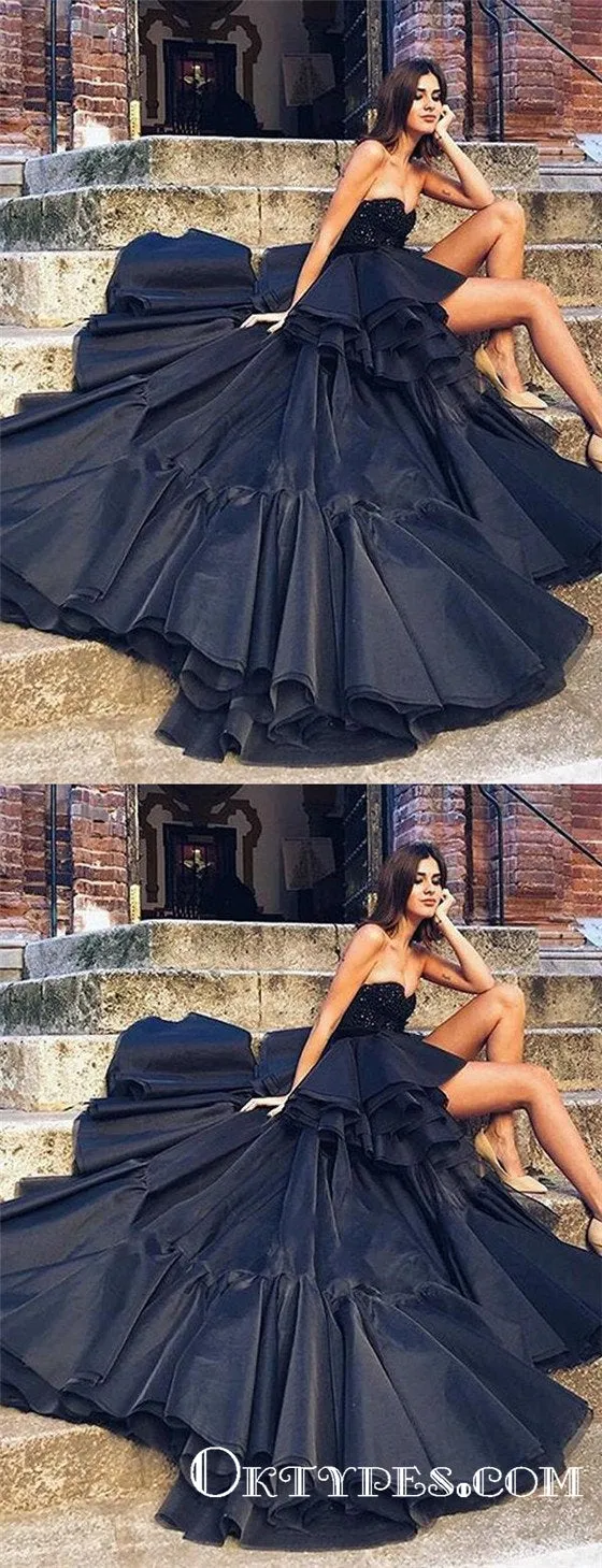 High Low Beading Sweetheart Black Evening Gowns Backless Prom Dresses, TYP1904