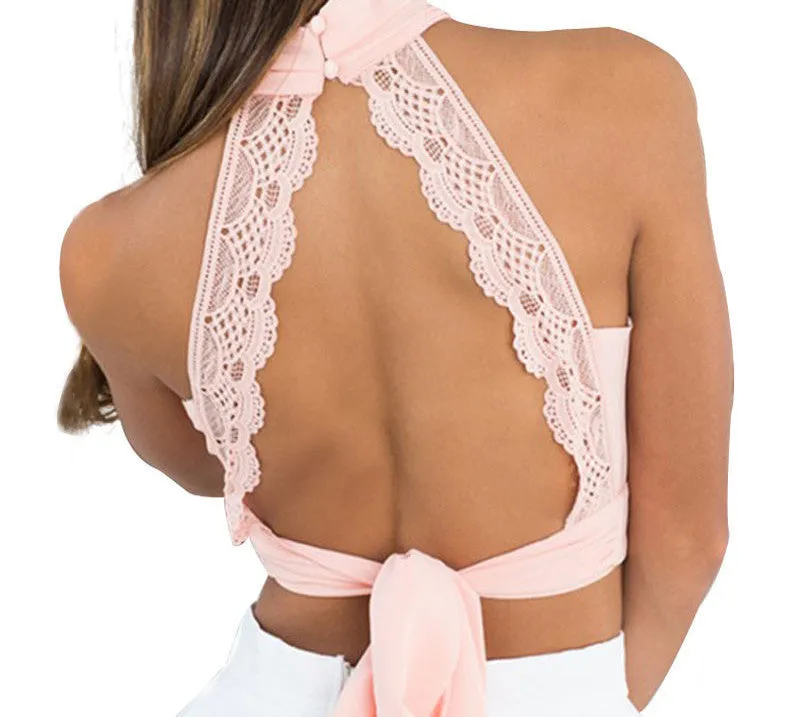 High Neck Elegant Lace Tank Top Women Boho Backless Halter Tops Chiffon Crop Tops Retro Ladies