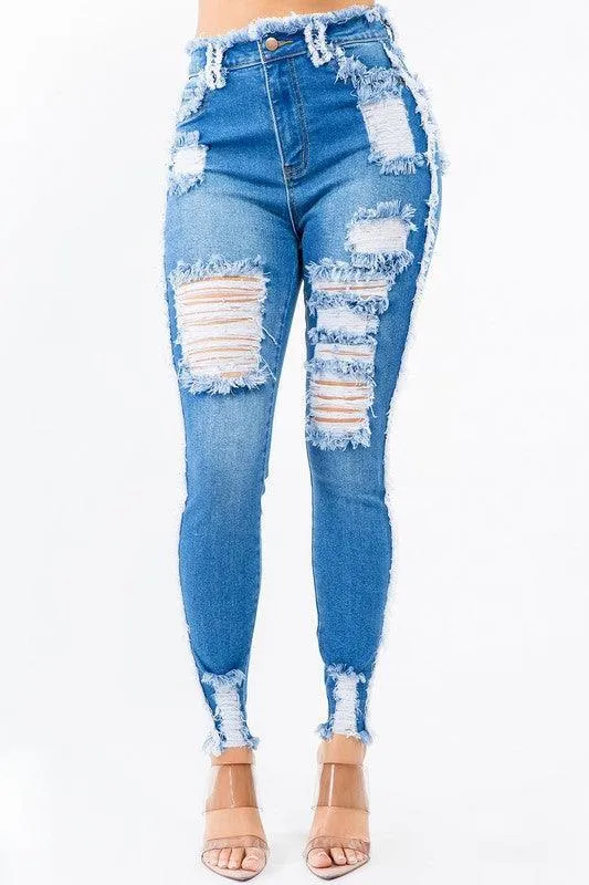 HIGH WAIST DISTRESSED SKINNY JEANS