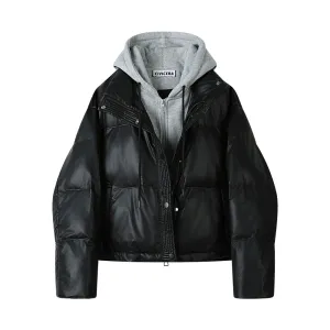 Hooded PU Leather Down Jacket