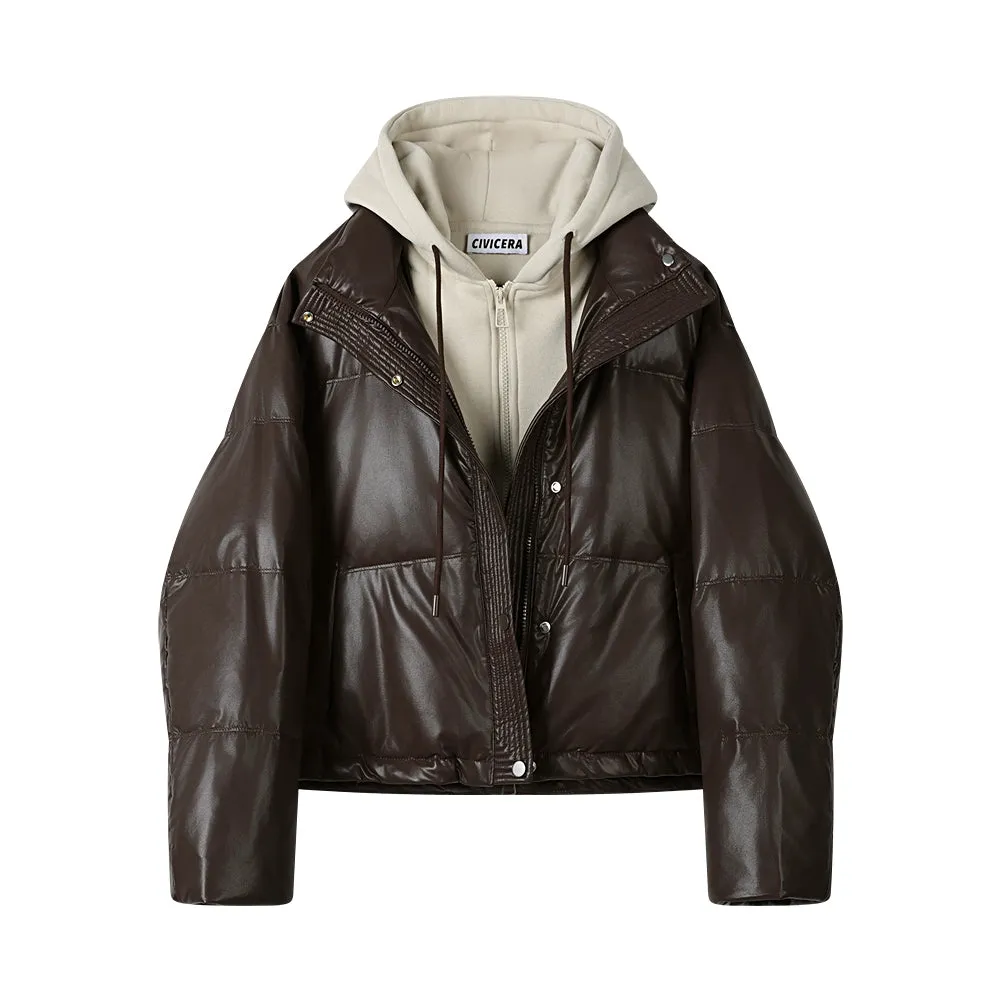 Hooded PU Leather Down Jacket