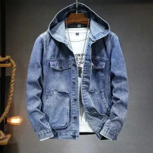Hooded vintage-style denim jacket for men