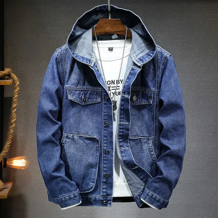 Hooded vintage-style denim jacket for men