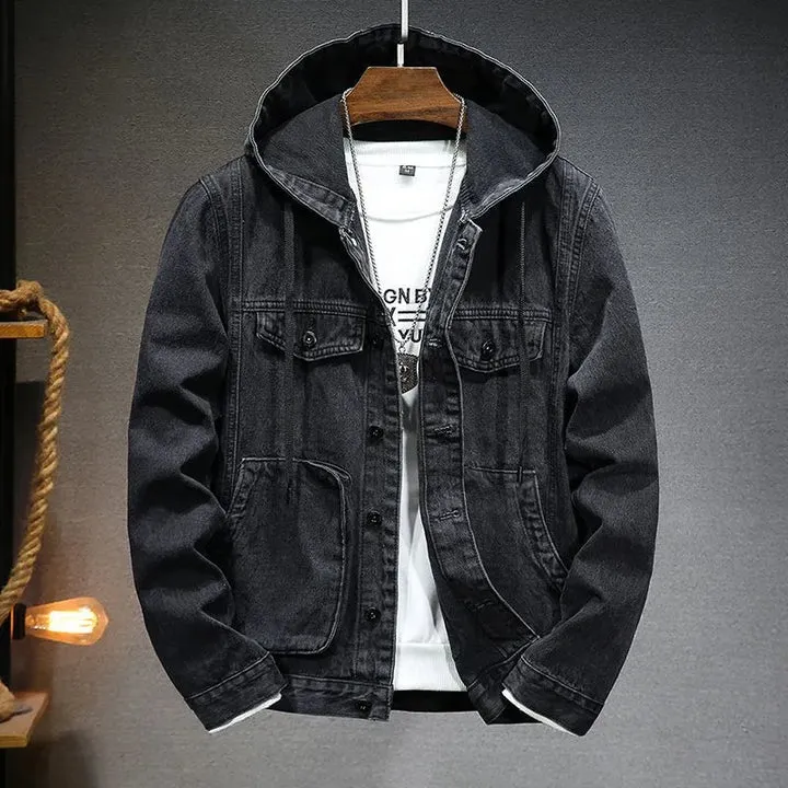 Hooded vintage-style denim jacket for men