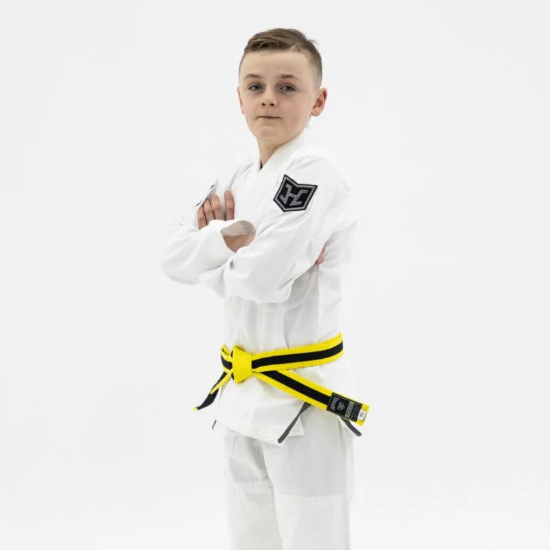 Hooks BJJ GI - Kids Prolight - White w/ Black & Gun Metal includes White Belt
