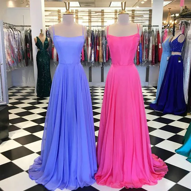 Hot Pink Prom Dresses with Spaghetti Straps Elegant Chiffon Ruffles A-line Prom Gowns 2019
