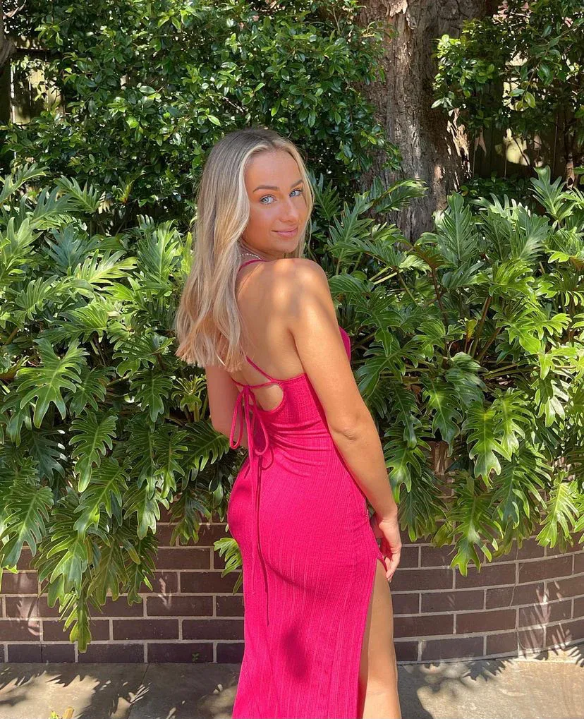 Hot Pink Straps Cut Out Long Party Dress with Slit,DP1967