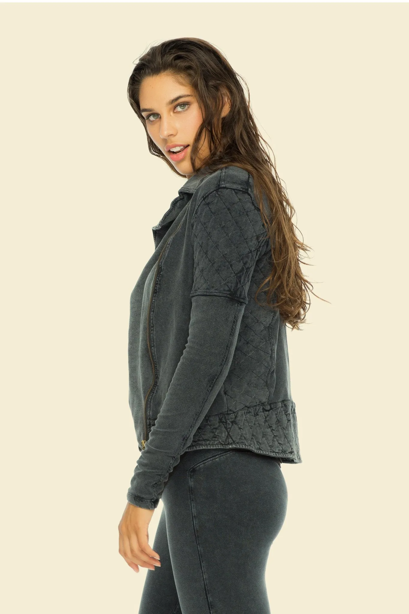 Indah Pizza Stonewash Zip Cotton Quilt Moto Jacket | Wolf | SALE