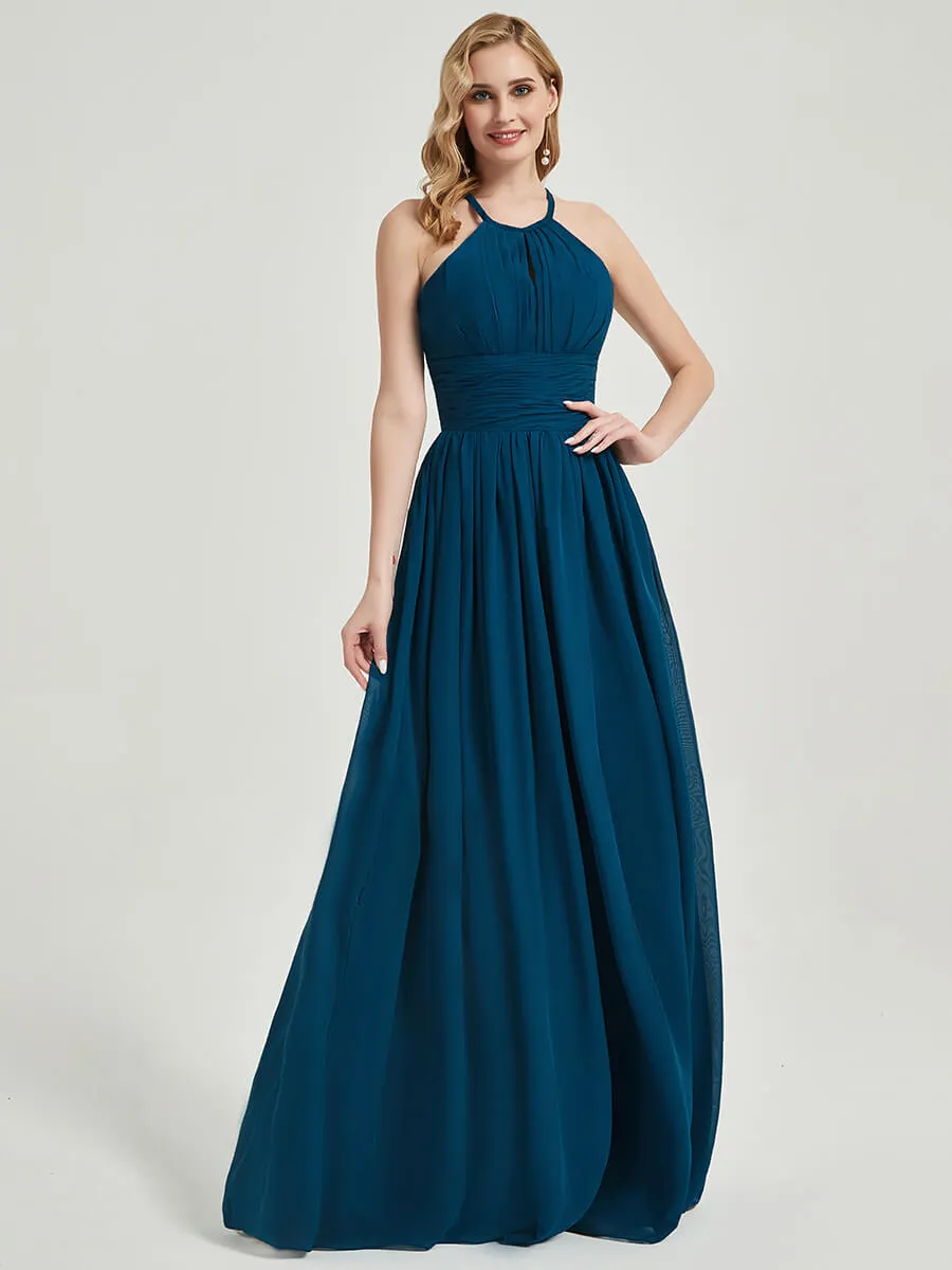 Ink Blue Pleated Sleeveless Floor Length Chiffon Bridesmaid Dress
