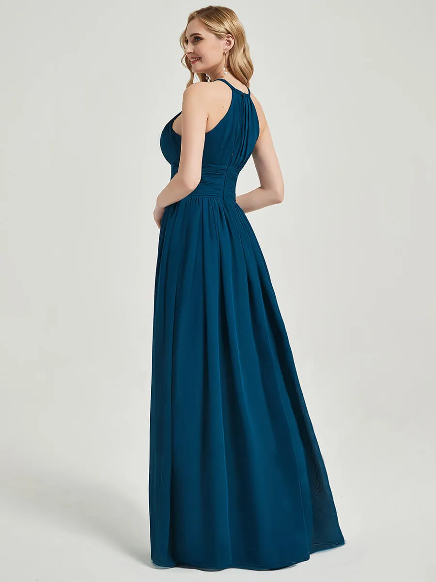 Ink Blue Pleated Sleeveless Floor Length Chiffon Bridesmaid Dress