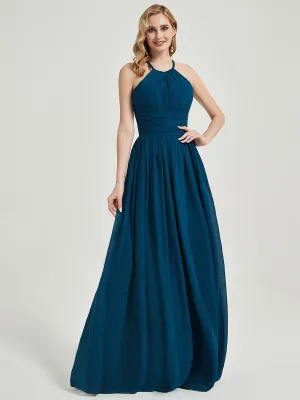 Ink Blue Pleated Sleeveless Floor Length Chiffon Bridesmaid Dress