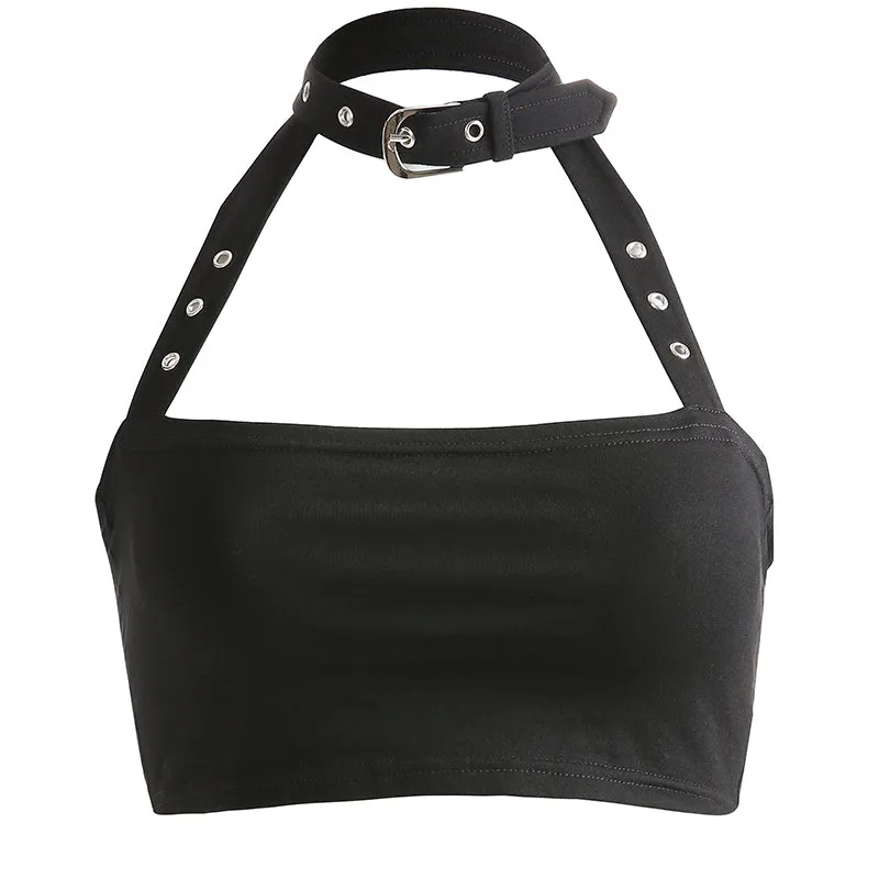 [@itscandycloud ] “METAL BUCKLE HALTER VEST” CROP TOPS W031104