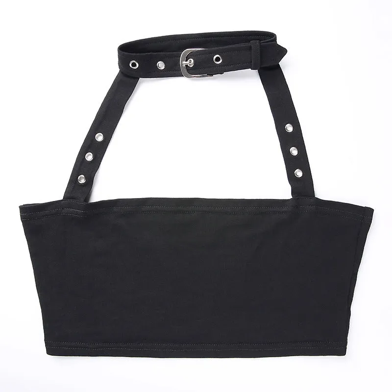 [@itscandycloud ] “METAL BUCKLE HALTER VEST” CROP TOPS W031104