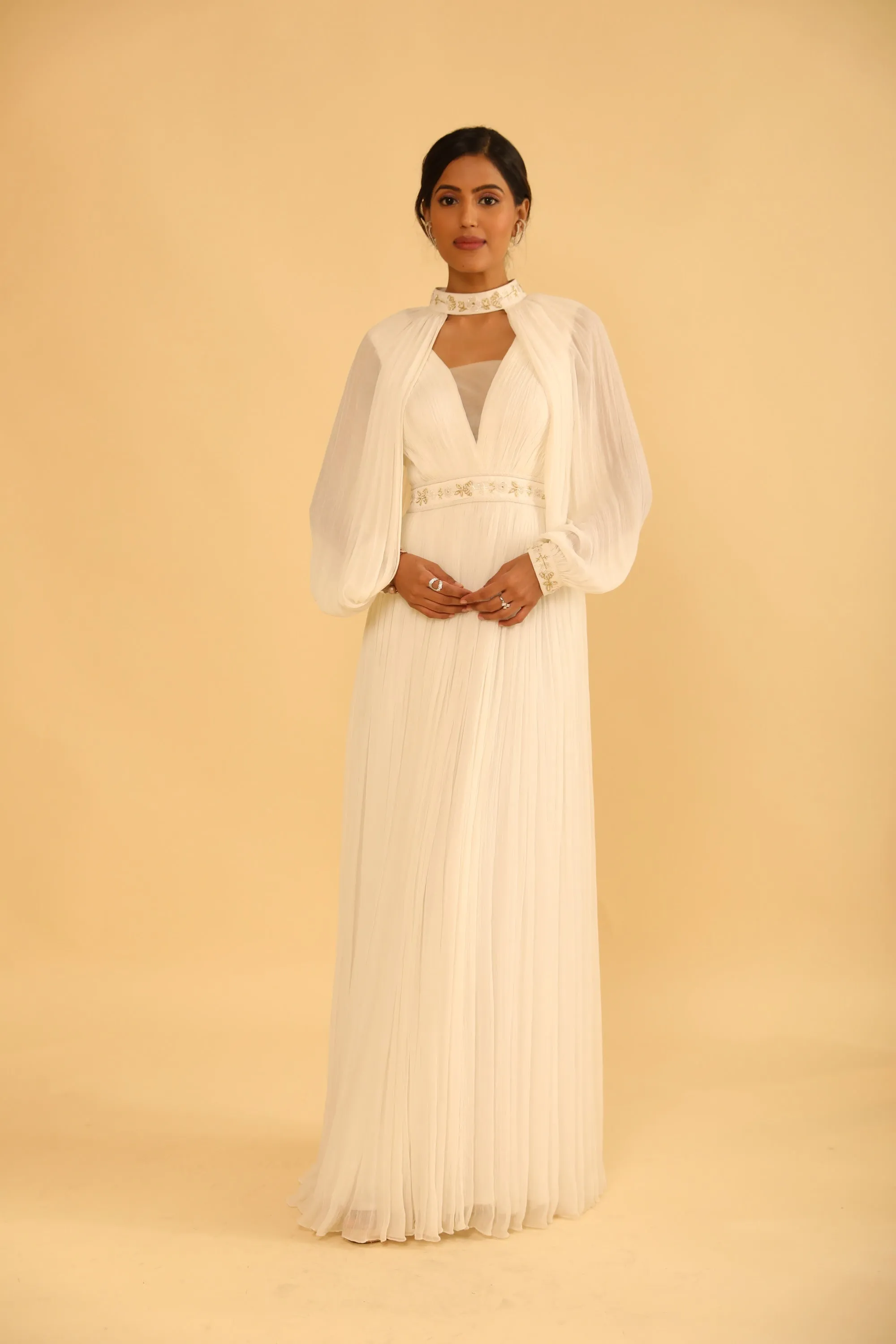 Ivory Draped Chiffon Gown With Ravelled Sequins And Katdana