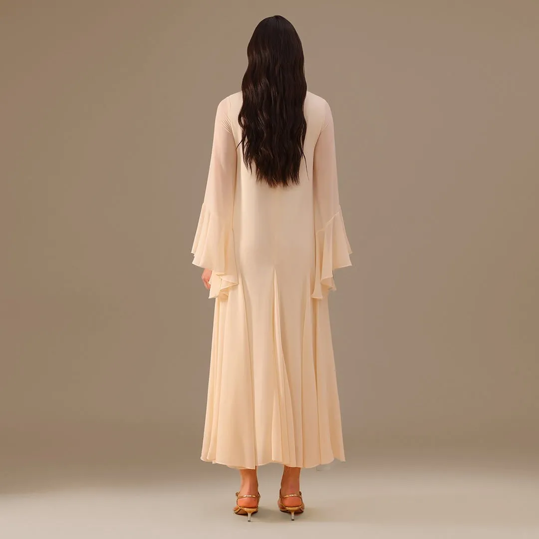 Ivory Flared Long Sleeve Chiffon Maxi Dress