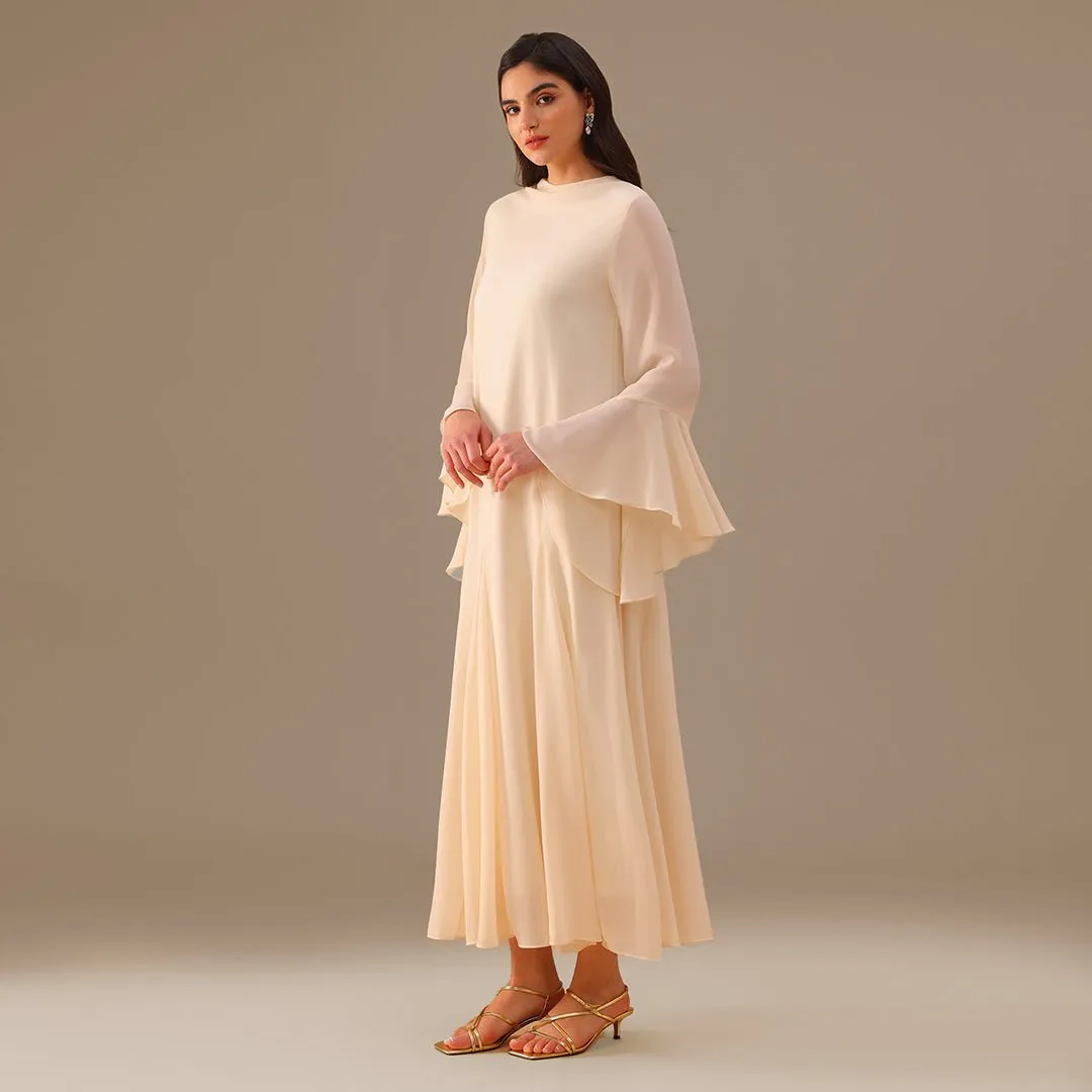 Ivory Flared Long Sleeve Chiffon Maxi Dress