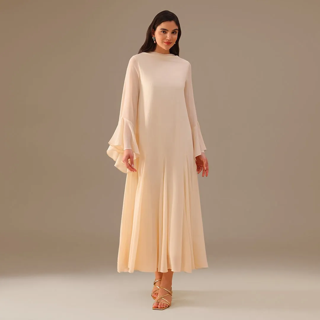Ivory Flared Long Sleeve Chiffon Maxi Dress