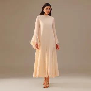 Ivory Flared Long Sleeve Chiffon Maxi Dress