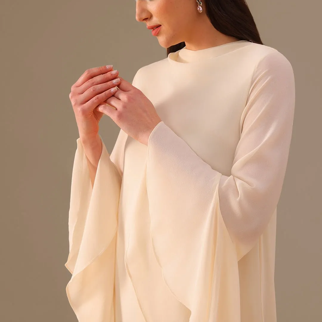 Ivory Flared Long Sleeve Chiffon Maxi Dress