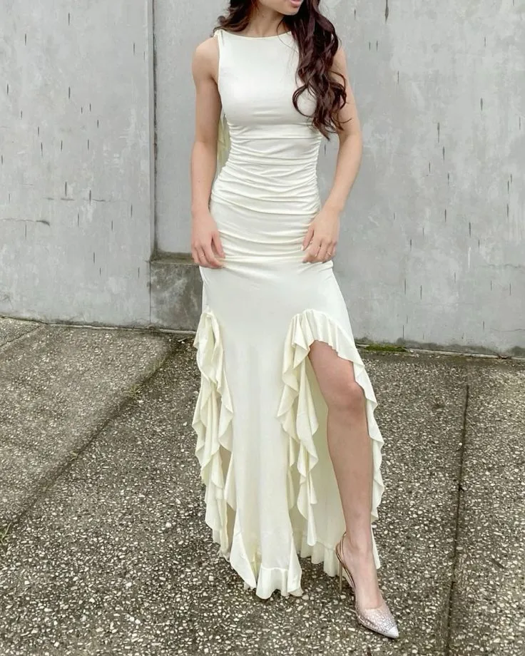 Ivory Sleeveless Sheath Ruffles Long Party Dress Fashion Date Dress, DP4425