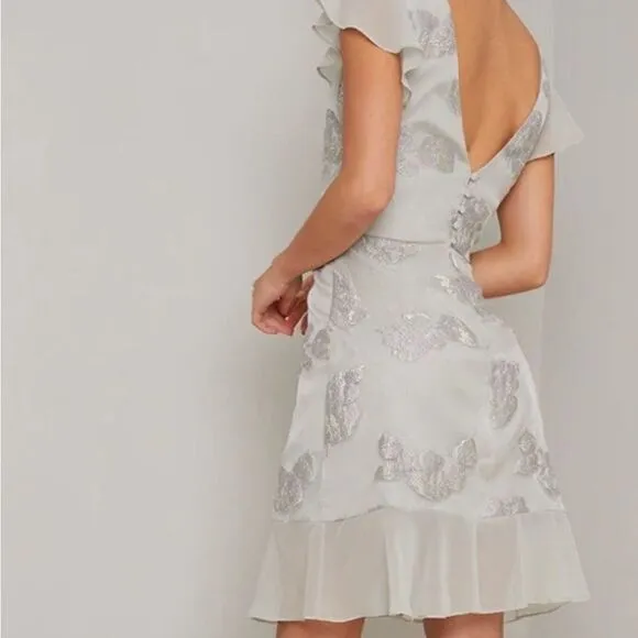 Jacquard Frill Detail Dress In Silver